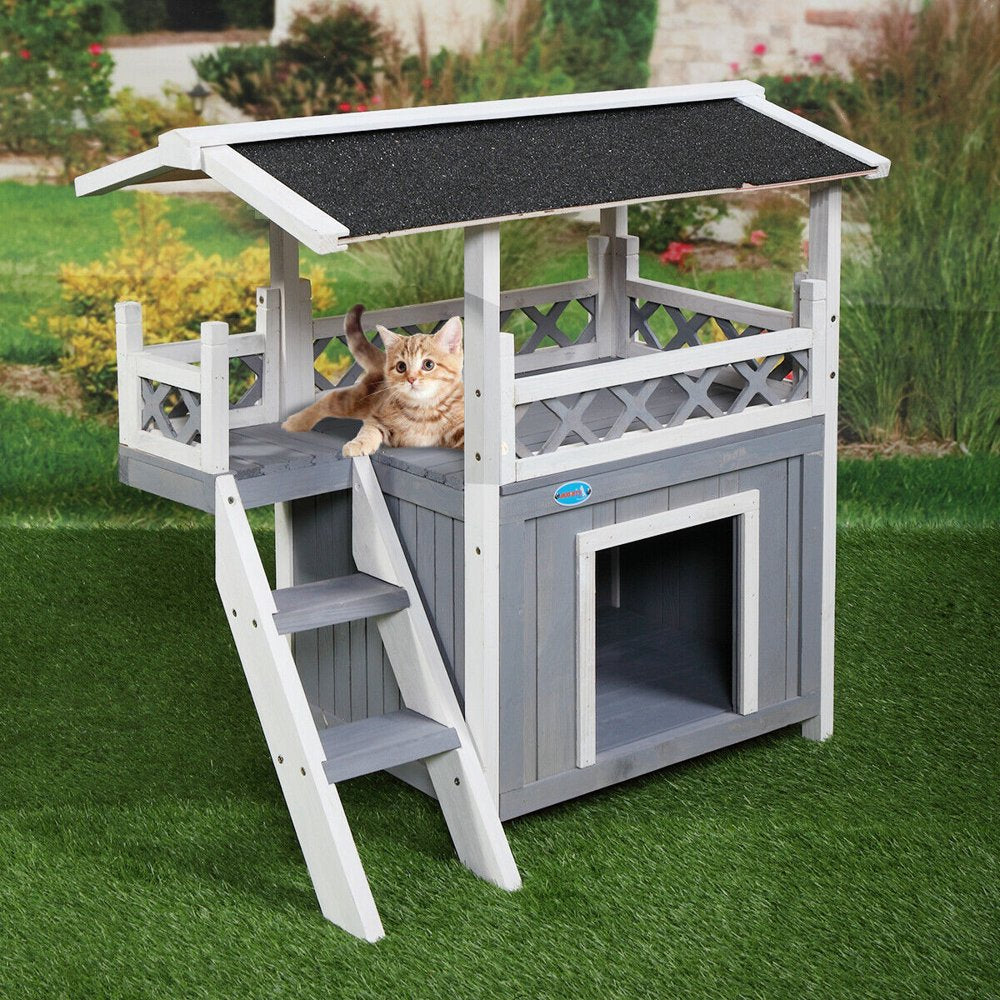 Lowestbest Dog House, Natural Wooden Dog House Home with Steps Balcony Puppy Stairs, Outdoor Weather-Resistant Cat Condo Pet House Animals & Pet Supplies > Pet Supplies > Dog Supplies > Dog Houses Lowestbest   
