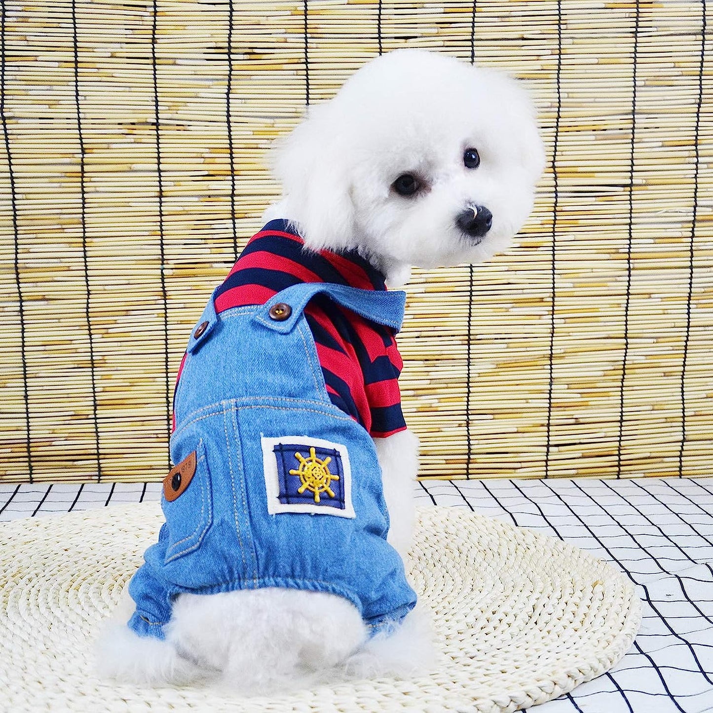 SMALLLEE_LUCKY_STORE Pet Stripe Sweater Shirt Denim Overalls for Small Dogs Cats Boy Girl Tshirt Pants 4 Legged Outfits Puppy Jumpsuit Shih Tzu Pug Clothes,Red,Size L Animals & Pet Supplies > Pet Supplies > Dog Supplies > Dog Apparel SMALLLEE_LUCKY_STORE   