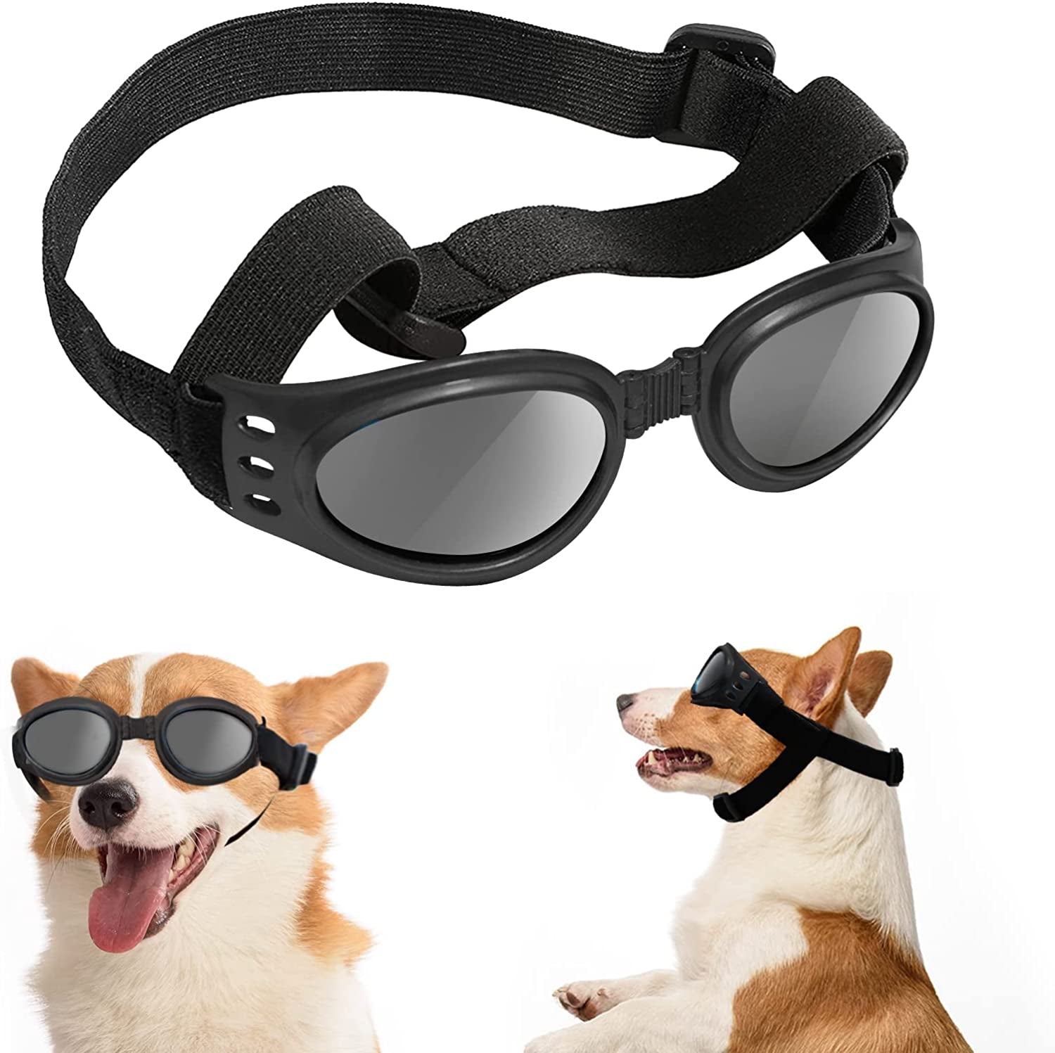 Franyyco Small Dog Sunglasses UV Protection Goggles with Adjustable Straps, Conditionable at Nose Bridge, Frame with Breathing Holes and High Density Sponge, Windproof Dustproof Anti-Fog Glasses Animals & Pet Supplies > Pet Supplies > Dog Supplies > Dog Apparel FranyyCo Black  