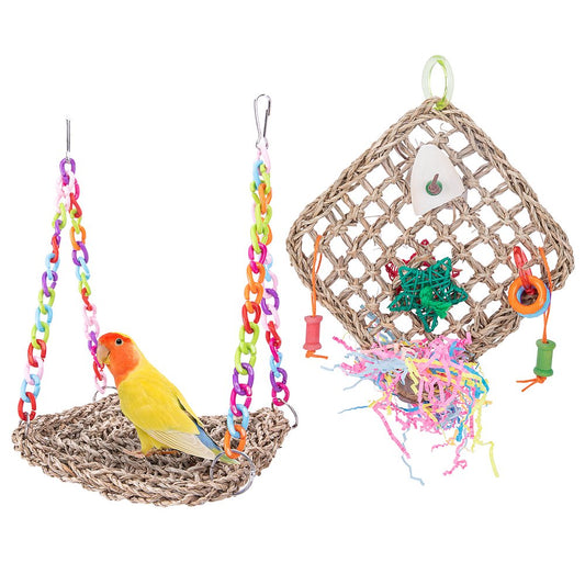 Bird Straw Toys - Bird Foraging Wall Toy | Edible Seagrass | Woven Climbing Hammock Mat with Colorful Chewing Toys | Suitable for Lovebirds Finch Parakeets Budgerigars Conure Cockatiel Animals & Pet Supplies > Pet Supplies > Bird Supplies > Bird Toys Zochlon   