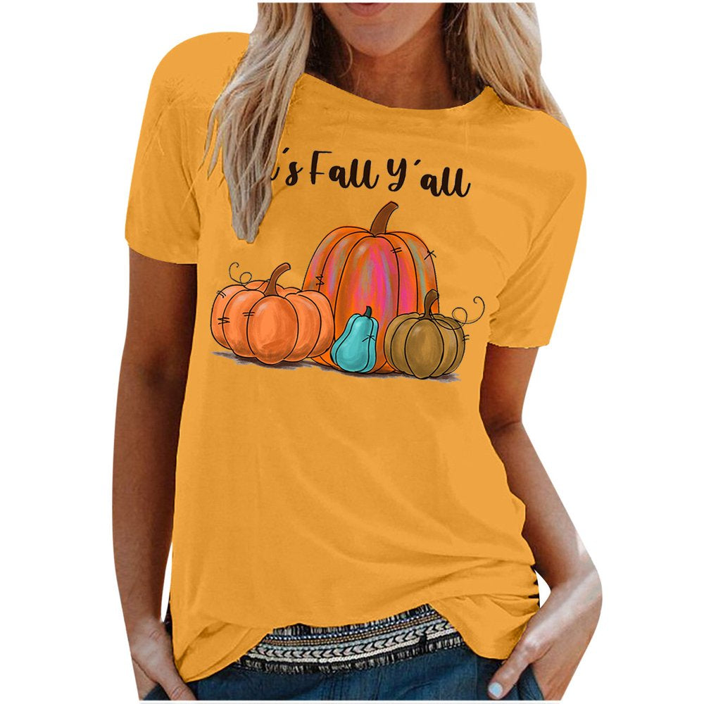 It'S Fall Y'All Women Tops Short Sleeve Pumpkin Graphic Tees Shirts 2022 round Neck Cute T-Shirt Animals & Pet Supplies > Pet Supplies > Cat Supplies > Cat Apparel BRKEWI B-Yellow L 