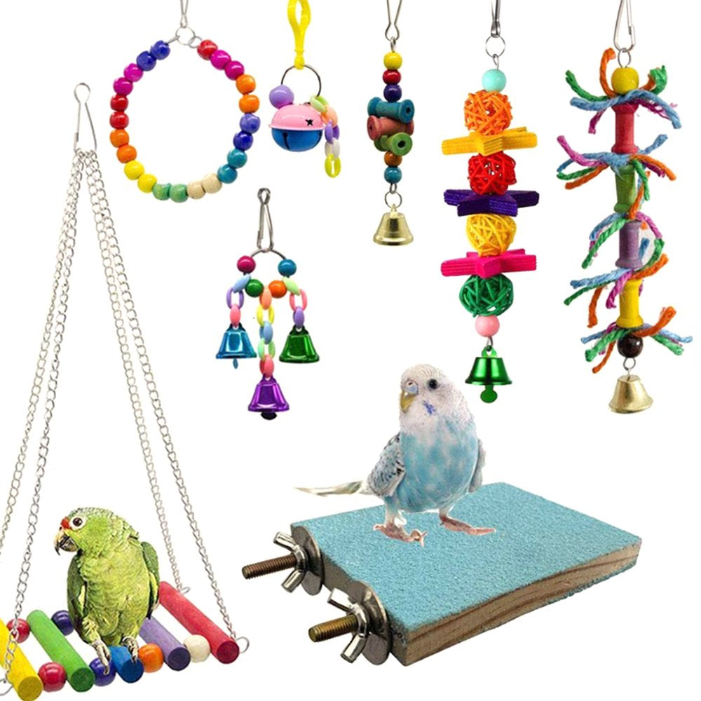 SYWAN 8Pcs Bird Parrot Toys,Hanging Bell Pet Bird Cage Hammock Swing Climbing Ladders Toy Wooden Perch Mirror Chewing Toy for Conures, Love Birds,Small Parakeets Cockatiels,Macaws Animals & Pet Supplies > Pet Supplies > Bird Supplies > Bird Ladders & Perches SYWAN   