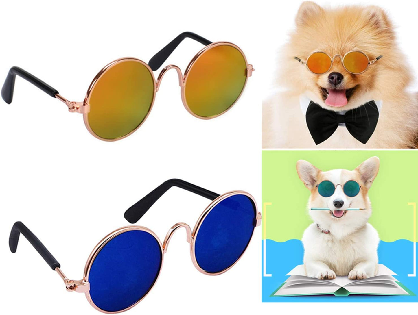 YIMUMU Cat Dog Sunglasses Classic Retro Circular Metal Glasses for Cats Puppy Pet Eye-Wear for Funny Cosplay Toys Costume Photos Props, 2 Pcs Animals & Pet Supplies > Pet Supplies > Dog Supplies > Dog Apparel YIMUMU   