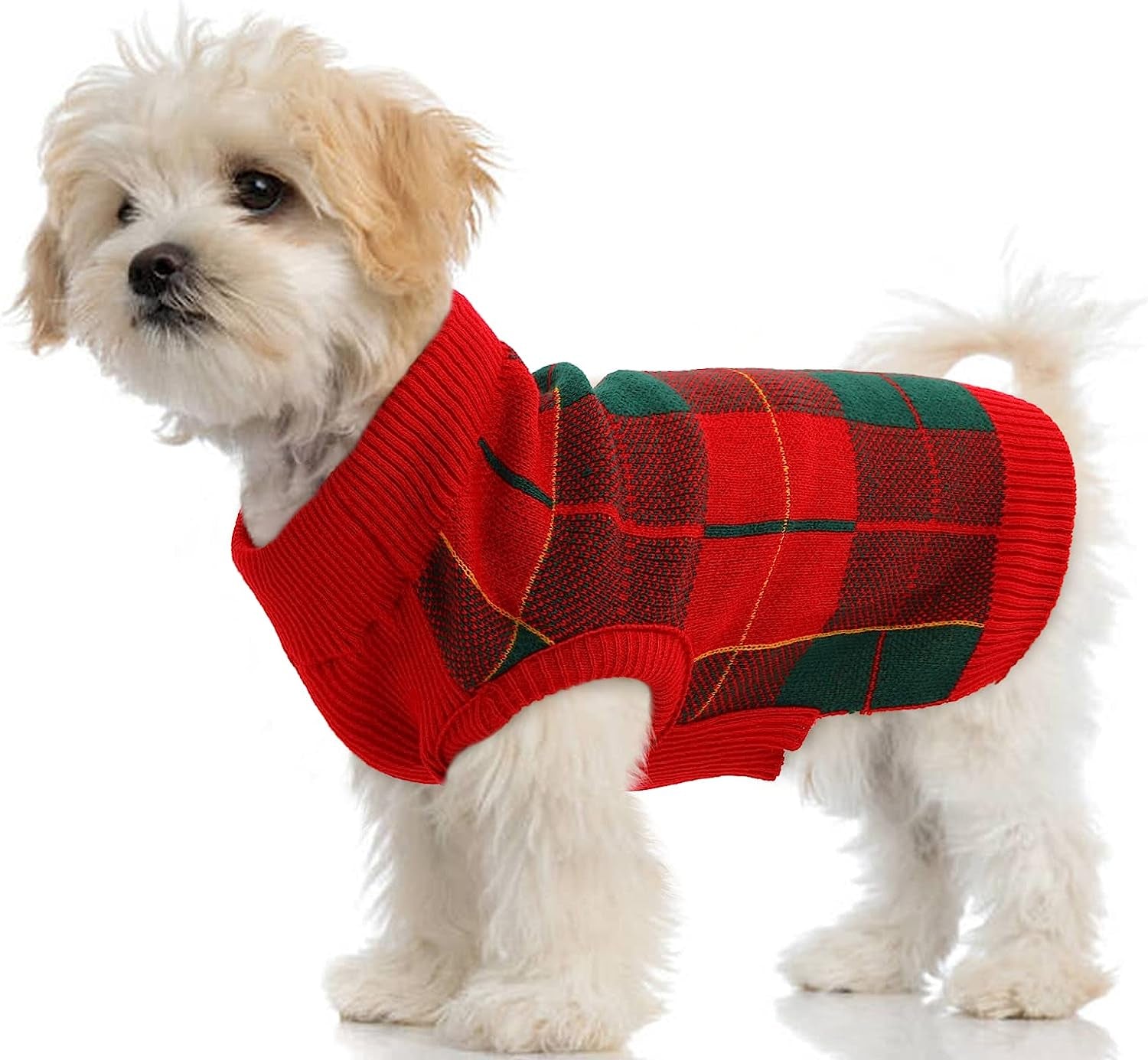 Classic Plaid Dog Sweater with Leash Hole, Warm Stretchy Knitwear for Small Medium Dog, Soft Jacquard Knit Pullover with Elastic High Collar for Spring Fall Winter Christmas Cold Weather Daily Wear Animals & Pet Supplies > Pet Supplies > Dog Supplies > Dog Apparel PUMYPOREITY Red/Green Small 