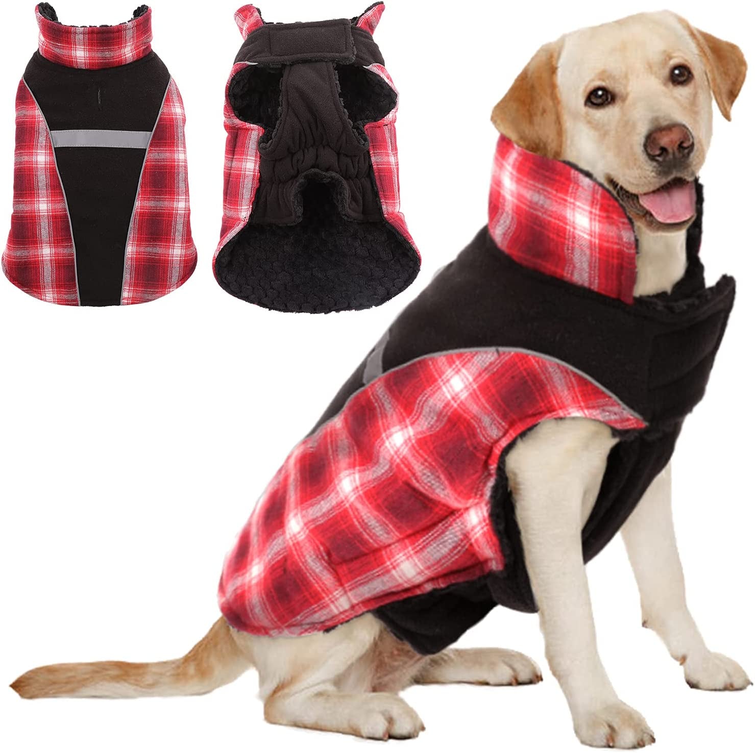 Nanaki Classic Plaid Warm Dog Jacket, Reversible Winter Dog Coat for Cold Weather, Windproof Dog Winter Clothes Reflective with Furry Collar&Elastic Abdomen for Small Medium Large Dogs Puppies Animals & Pet Supplies > Pet Supplies > Dog Supplies > Dog Apparel Nanaki   