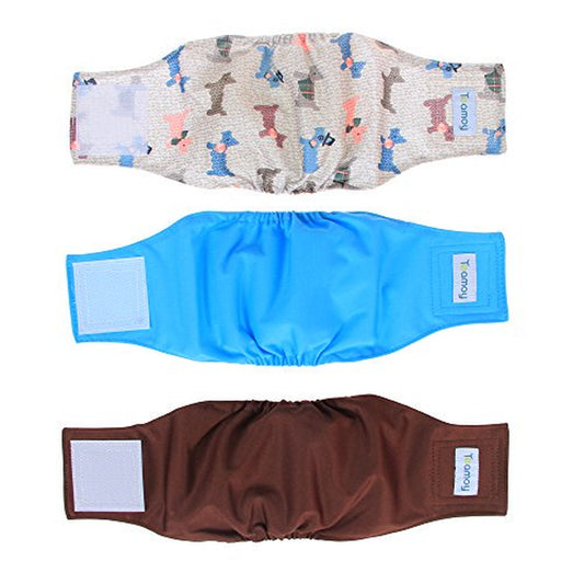 Teamoy Reusable Wrap Diapers for Male Dogs, Washable Puppy Belly Band Pack of 3 (S, 10"-13" Waist, Light Blue+ Dogs+Coffee) Animals & Pet Supplies > Pet Supplies > Dog Supplies > Dog Diaper Pads & Liners Damero INC   