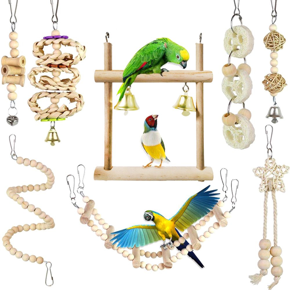 TONKBEEY 8Pcs/Set Bird Parrot Toys Wooden Hanging Swing Hammock Climbing Ladders Parakeet Cockatiels Perches Pet Supply Animals & Pet Supplies > Pet Supplies > Bird Supplies > Bird Ladders & Perches TONKBEEY   