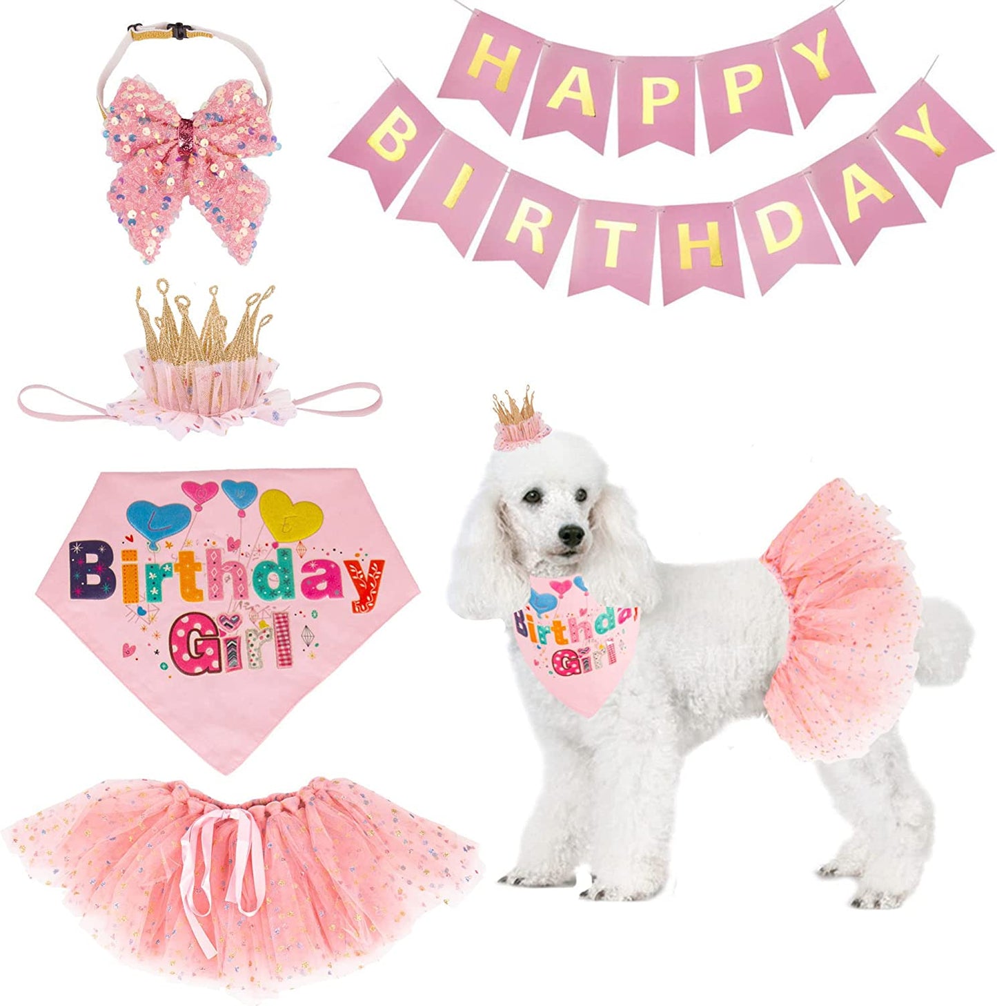 ADOGGYGO Dog Birthday Bandana Girl - Birthday Party Supplies - Pink Tutu Skirt Crown Hat Scarf Happy Birthday Banner Dog Girl Birthday Outfit for Pet Puppy Cat Girl (Pink) Animals & Pet Supplies > Pet Supplies > Dog Supplies > Dog Apparel ADOGGYGO Pink-2  