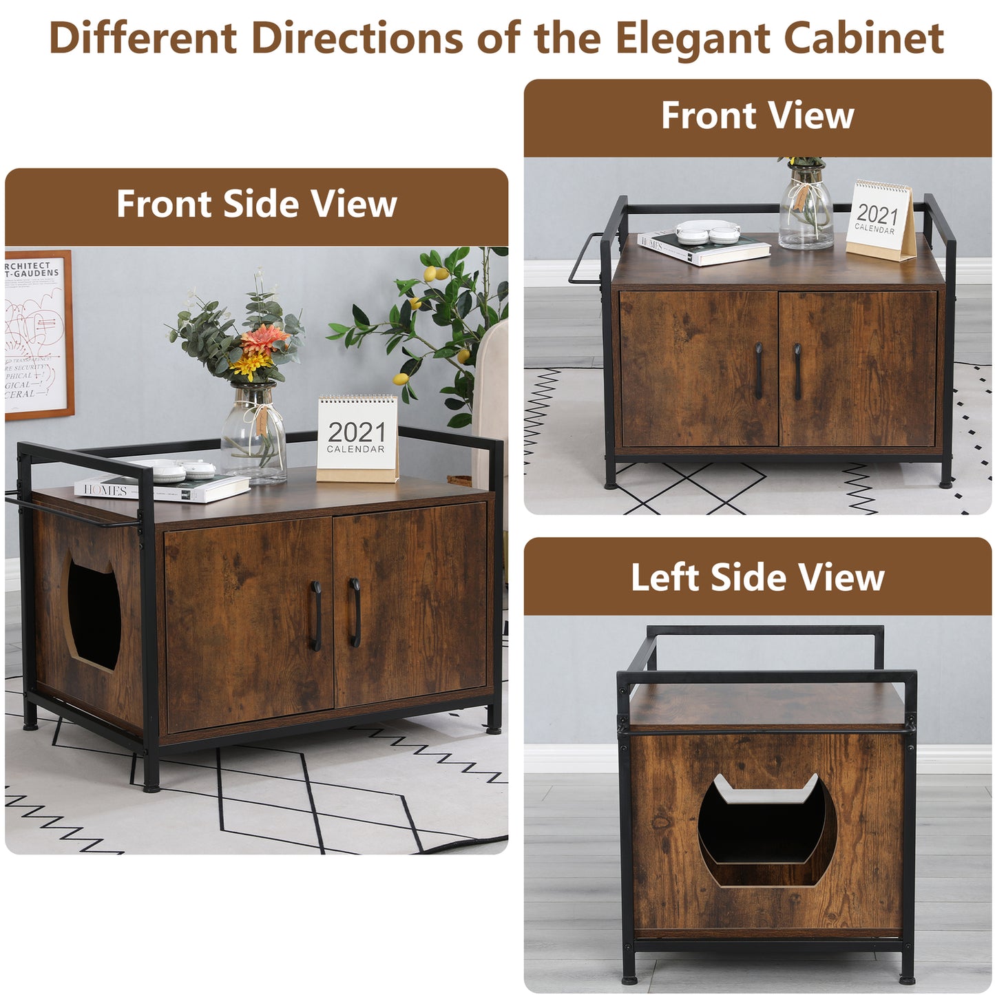 Cat Litter Box Furniture Hidden, Cat Washroom Storage Bench Enclosure Litter Box House with Table, Bedroom Nightstand, Big Enough for Automatic Litter Box or Two Litter Boxes, Rustic Brown