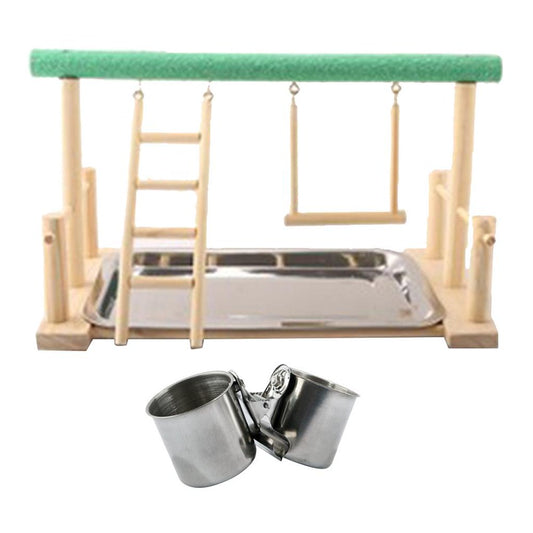 Perch with Stainless Steel 6.5Cm Feeding Cups & Tray for Birds Parrots Frosted 6.5Cm Cups