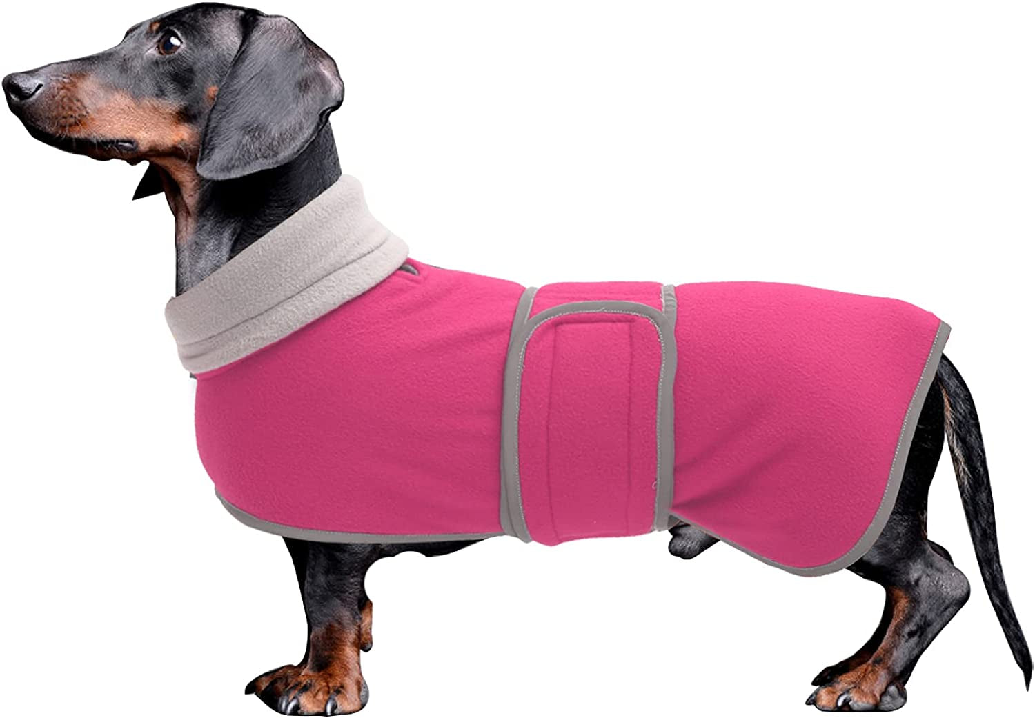 Dachshund Coats Sausage Dog Fleece Coat in Winter Miniature Dachshund Clothes with Hook and Loop Closure and High Vis Reflective Trim Safety - Red - S Animals & Pet Supplies > Pet Supplies > Dog Supplies > Dog Apparel Morezi Pink Medium(Back: 17"-18"in) 