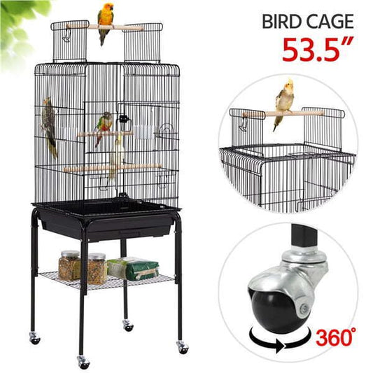 NEW 53.5" Metal Rolling Bird Cage with Play Top Stand, Black
