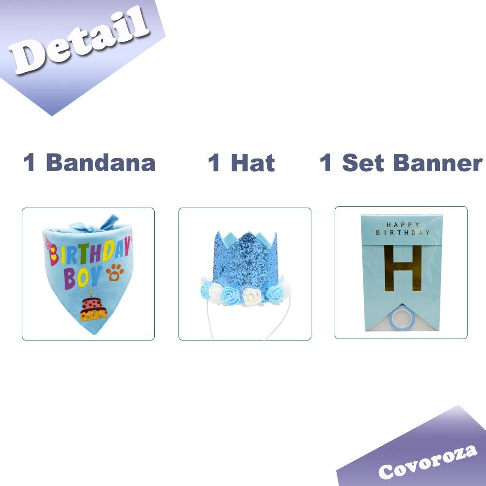 Covoroza Dog Birthday Bandana Scarfs Cute Bling Party Hat and Banner Birthday Boy Pattern for Medium to Large Dogs Blue Animals & Pet Supplies > Pet Supplies > Dog Supplies > Dog Apparel Covoroza   