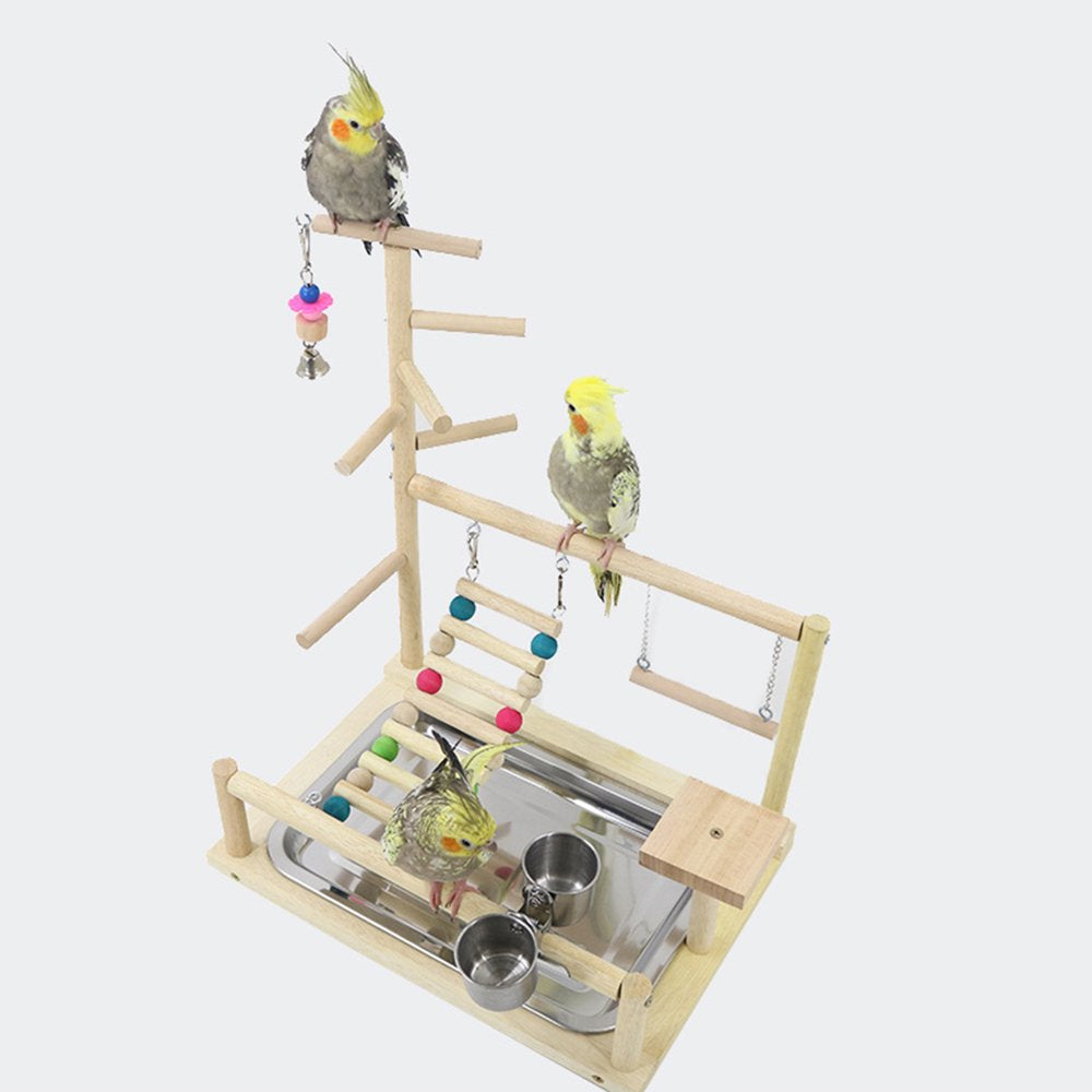 Heroneo Wood Perch Gym Playpen Ladder with Feeder Cups for Lovebirds Parakeet Cage Gift for Bird Lover Easy to Use Clean Durable