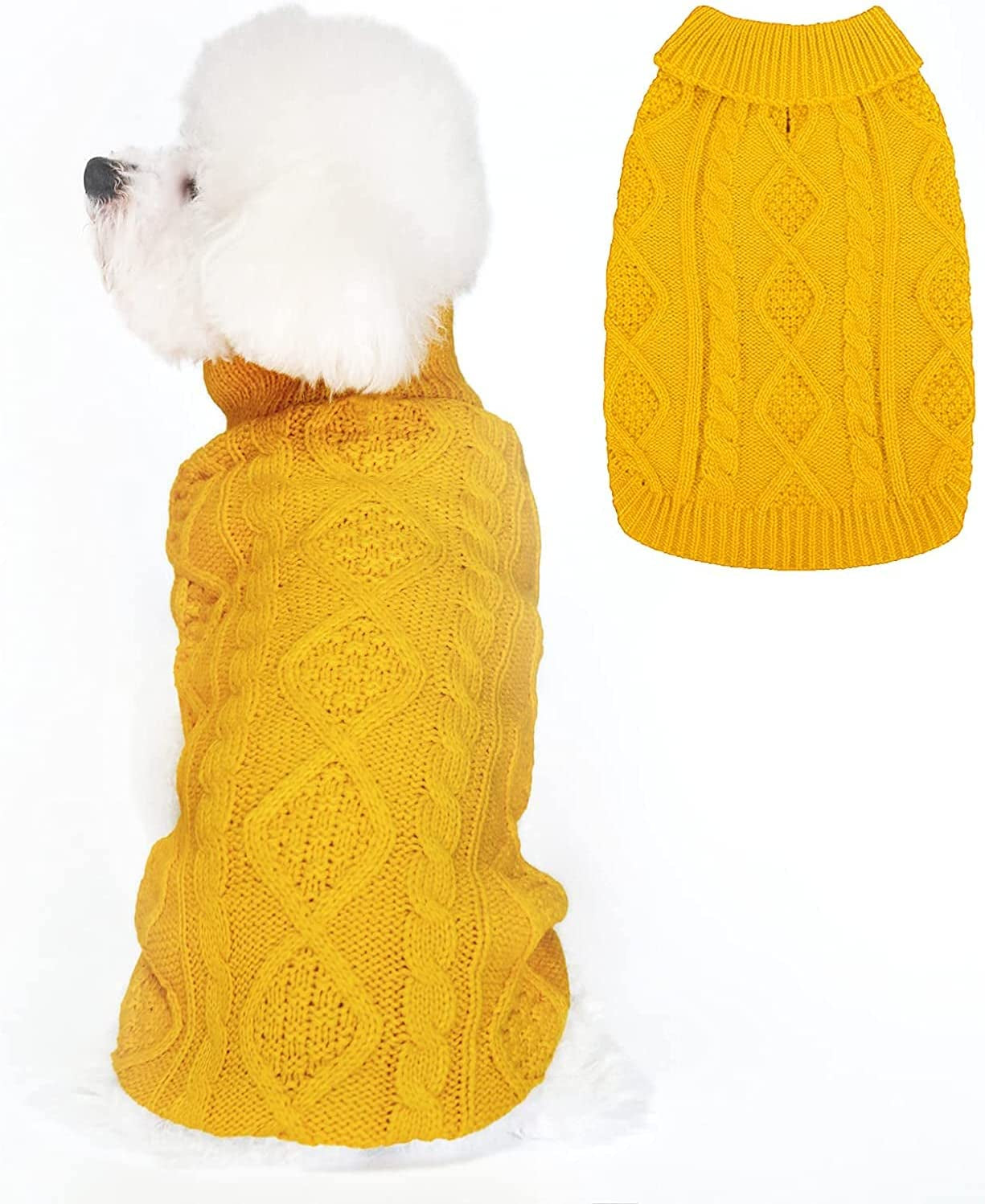 Dog Sweater - Classic Turtleneck Knitted Cable Knit Dog Jumper Coat, Warm Pet Winter Clothes Outfits for Pet Dogs Cats Puppy Kitty in Cold Season (Yellow, Medium) Animals & Pet Supplies > Pet Supplies > Dog Supplies > Dog Apparel Bwealth Yellow Small 