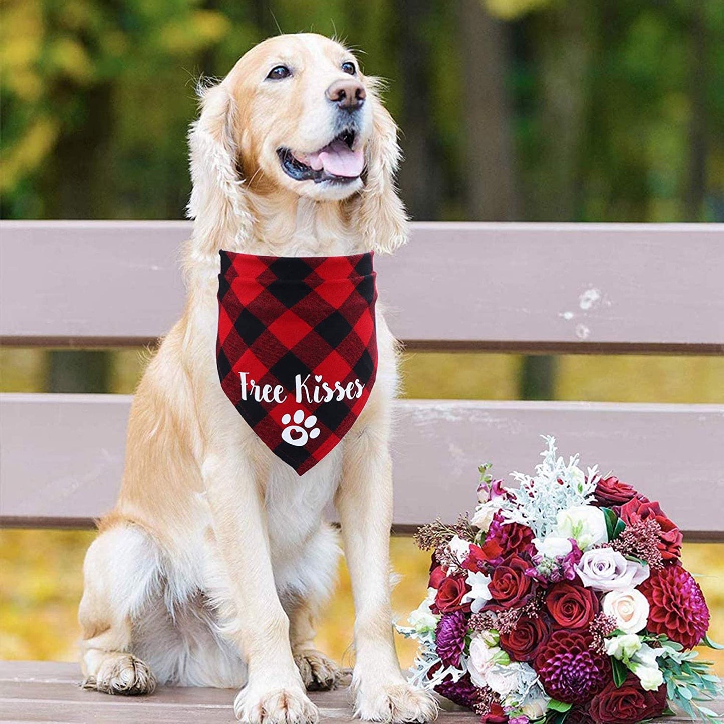 STMK Valentine'S Day Plaid Dog Bandana, Free Kisses Plaid Dog Puppy Bandana Triangle Scarf for Dog Puppy Valentine'S Day Wedding Holiday Party Supplies (Red) Animals & Pet Supplies > Pet Supplies > Dog Supplies > Dog Apparel STMK   