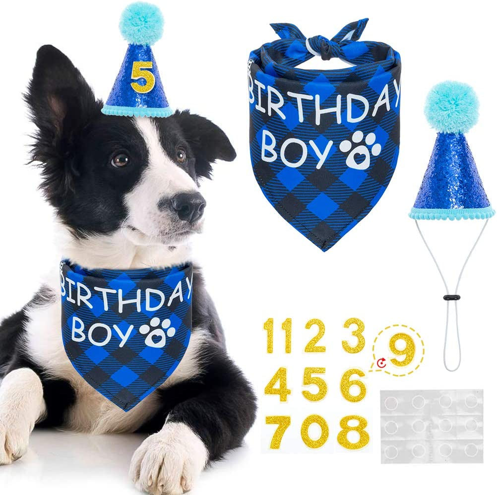 Mihachi Dog Birthday Party Supplies - Dog Birthday Bandana and Dog Hat with Number, Birthday Boy Triangle Scarf for Dog Birthday Decoration Gift for Small Medium Dogs Pets Animals & Pet Supplies > Pet Supplies > Dog Supplies > Dog Apparel Mihachi Boy I  