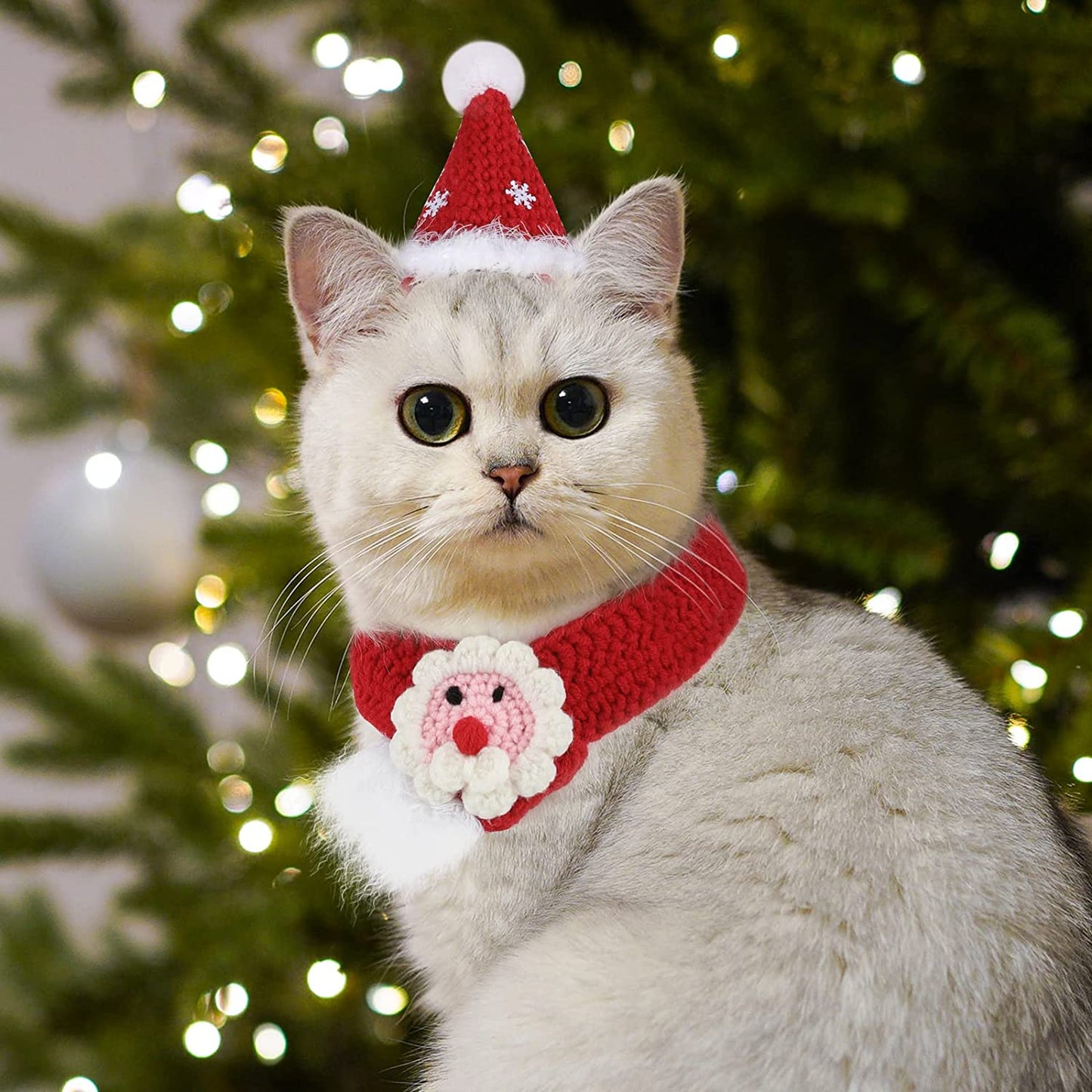 Lewondr Cat Santa Hat with Scarf Collar Christmas Costume Set Cat Dress up Woolen Hat Pet Christmas Costume Outfit Set Weaving Pet Clothing with Santa Hat and Collar for Cat, Large, Red