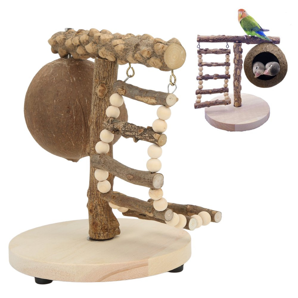 Fyydes Birds Cage Toy,Tabletop T Birds Perch,Bird T Play Stand Natural Tabletop T Birds Perch Cage Toy with Base Climbing Ladder and Coconut Shell Animals & Pet Supplies > Pet Supplies > Bird Supplies > Bird Cages & Stands Fyydes   