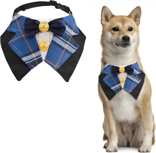 URROMA Preppy Dog Tuxedo, Classic Blue Check Dog Bowtie Collar Formal Pet Collar Bandana Bow Tie Collar for Small Dogs Cat Wedding Costumes, M Animals & Pet Supplies > Pet Supplies > Dog Supplies > Dog Apparel URROMA Blue Medium 