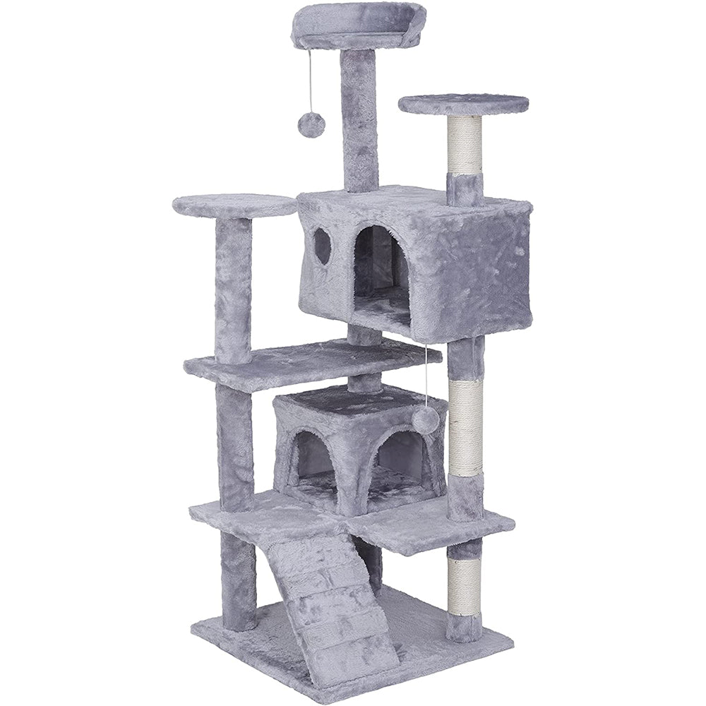 Queenmail 57.5 Inches Multi-Level Cat Tree Stand House Furniture Kittens Activity Tower with Scratching Posts Kitty Pet Play House,Light Grey