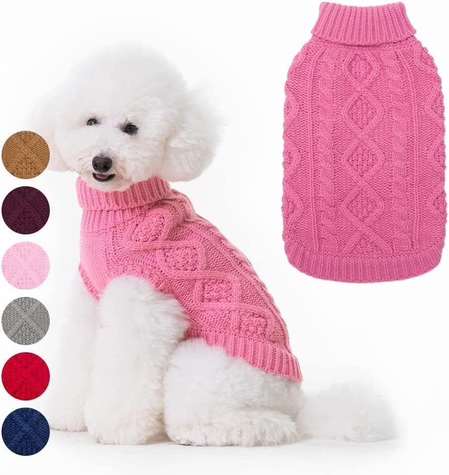 BINGPET Dog Knitted Sweaters - Turtleneck - Classic Cable Knit Dog Jumper Coat Warm Sweartershirts Outfits for Dogs Cats in Autumn Winter Animals & Pet Supplies > Pet Supplies > Dog Supplies > Dog Apparel BINGPET Pink X-Small 