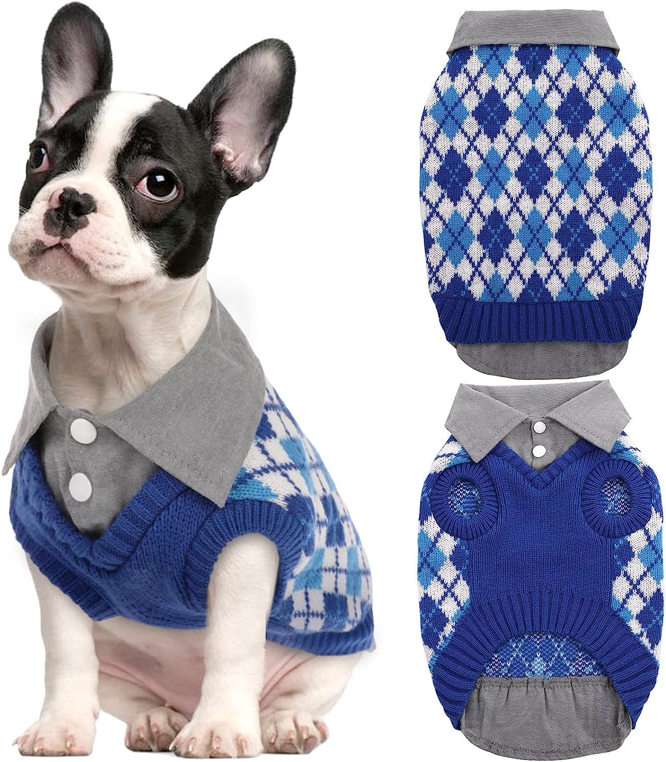 Kuoser Plaid Dog Sweater Warm Clothes, Patchwork Design Pet Dog Knitwear Classic Pullover Puppy Coat Cold Weather Sweatshirts with Leash Hole for Small Medium Cats Dogs (XS, Blue) Animals & Pet Supplies > Pet Supplies > Dog Supplies > Dog Apparel Kuoser Blue X-Small (pack of 1) 