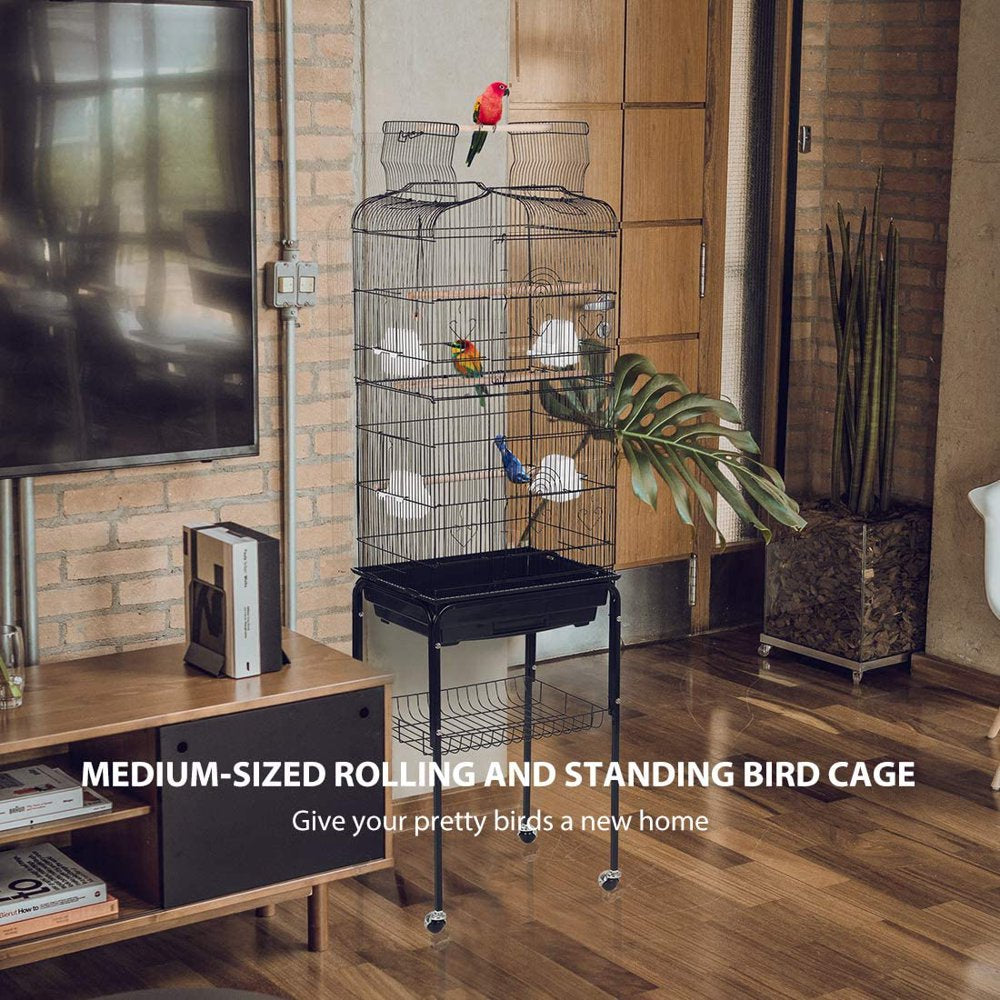 VIVOHOME 59.8 Inch Wrought Iron Bird Cage with Play Top and Rolling Stand for Parrots Conures Lovebird Cockatiel Parakeets Animals & Pet Supplies > Pet Supplies > Bird Supplies > Bird Cages & Stands VIVOHOME   