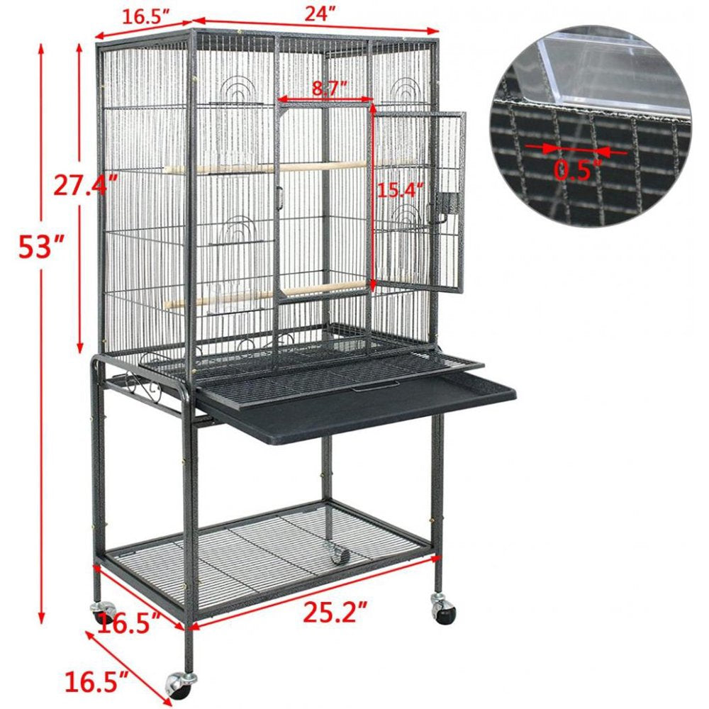 FINE MAKER 53" Bird Cage with Stand Large Rolling Bird Cage with 2 Perches 4 Feeders and Extra Storage Shelf Wrought Iron Frame Birdcage Animals & Pet Supplies > Pet Supplies > Bird Supplies > Bird Cages & Stands FINE MAKER   