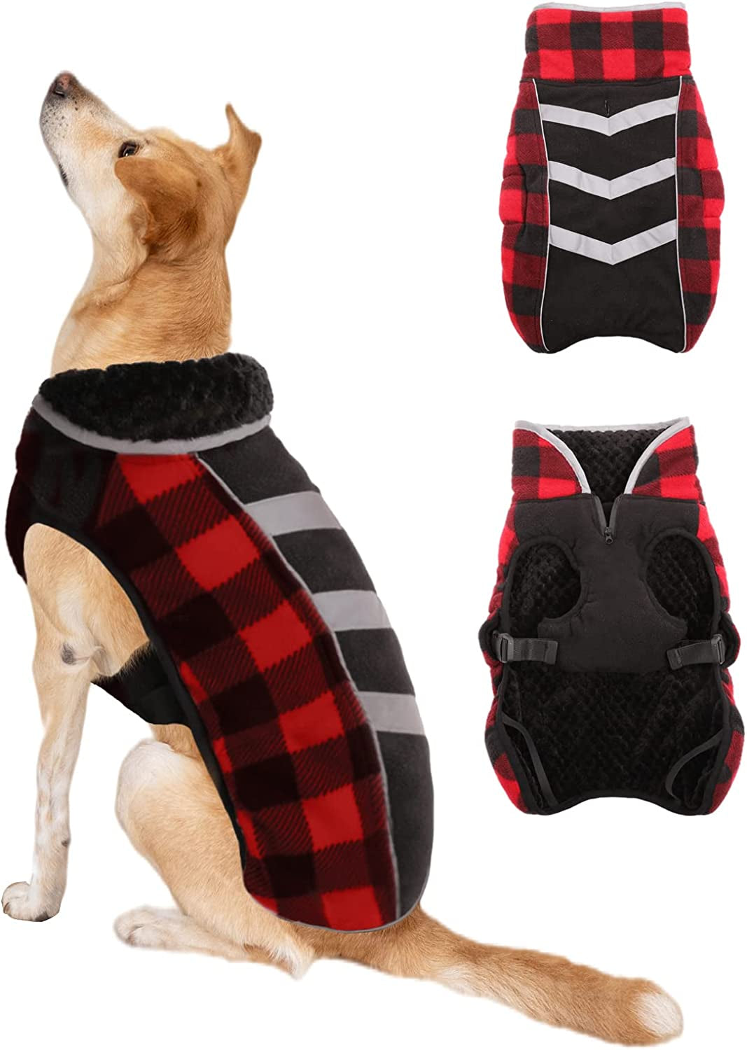 MAZORT Dog Winter Coat, Thick Warm Fleece Dog Jacket with Reflective Strips, Plaid Pet Cold Weather Apparel Clothes for Small Medium Large Dogs (White, Medium) Animals & Pet Supplies > Pet Supplies > Dog Supplies > Dog Apparel MAZORT Red Medium 