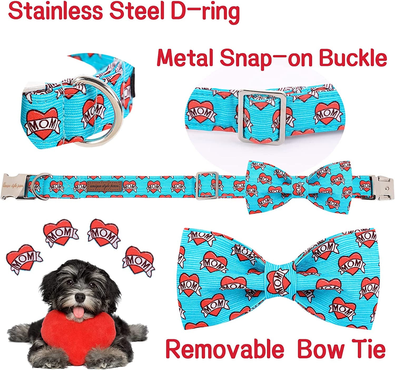 Unique Style Paws Mother'S Day Dog Collar with Bow Tie Blue Heart Puppy Collar Best Gift for Small Medium Large Boys Girls-M Animals & Pet Supplies > Pet Supplies > Dog Supplies > Dog Apparel Unique style paws   