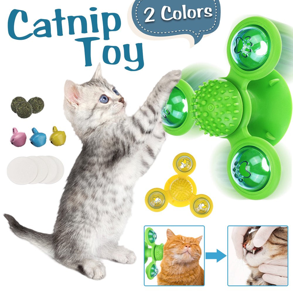Cat Toys for Indoor Cats,Interactive Windmill Cat Toy,Cat Spinner Toy  Suction Cup Cat Toothbrush Toy Kitten Teething Toys with Hair Brush  Turntable