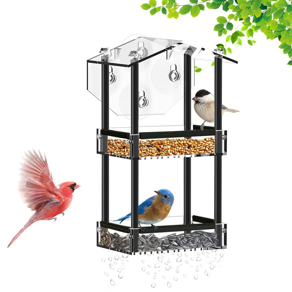 HHXRISE Window Bird Feeder with Strong Suction Cups, Outdoor Acrylic Bird House with 2 Tiers Seed Tray, Large Weatherproof Birdfeeder for Wild Birds, Finch, Cardinal, and Bluebird, Brown Animals & Pet Supplies > Pet Supplies > Bird Supplies > Bird Food HHXRISE Black  