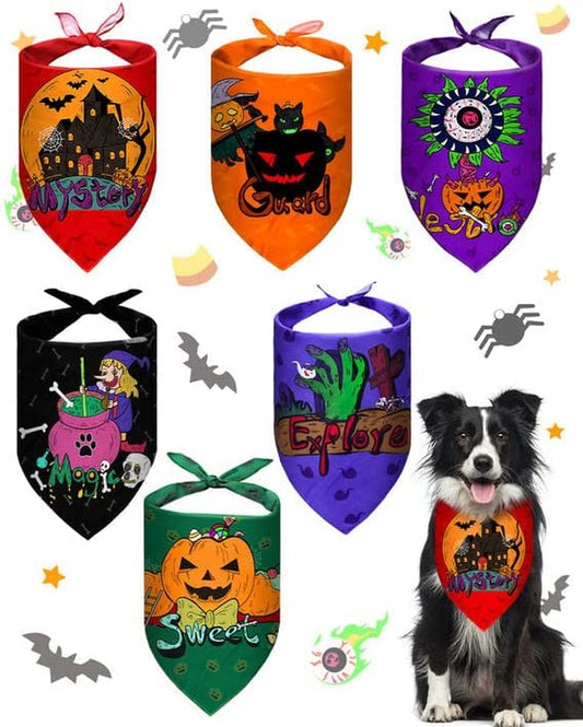 Feeko Halloween Dog Bandanas,6Pcs Pumpkin/Bat/Witch/Skeleton Patterned Pet Handkerchief, Adjustable Triangle Pet Scarfs, Washable Cotton Pet Neckerchief Dog Bibs for Small to Large Breeds Animals & Pet Supplies > Pet Supplies > Dog Supplies > Dog Apparel Feeko   