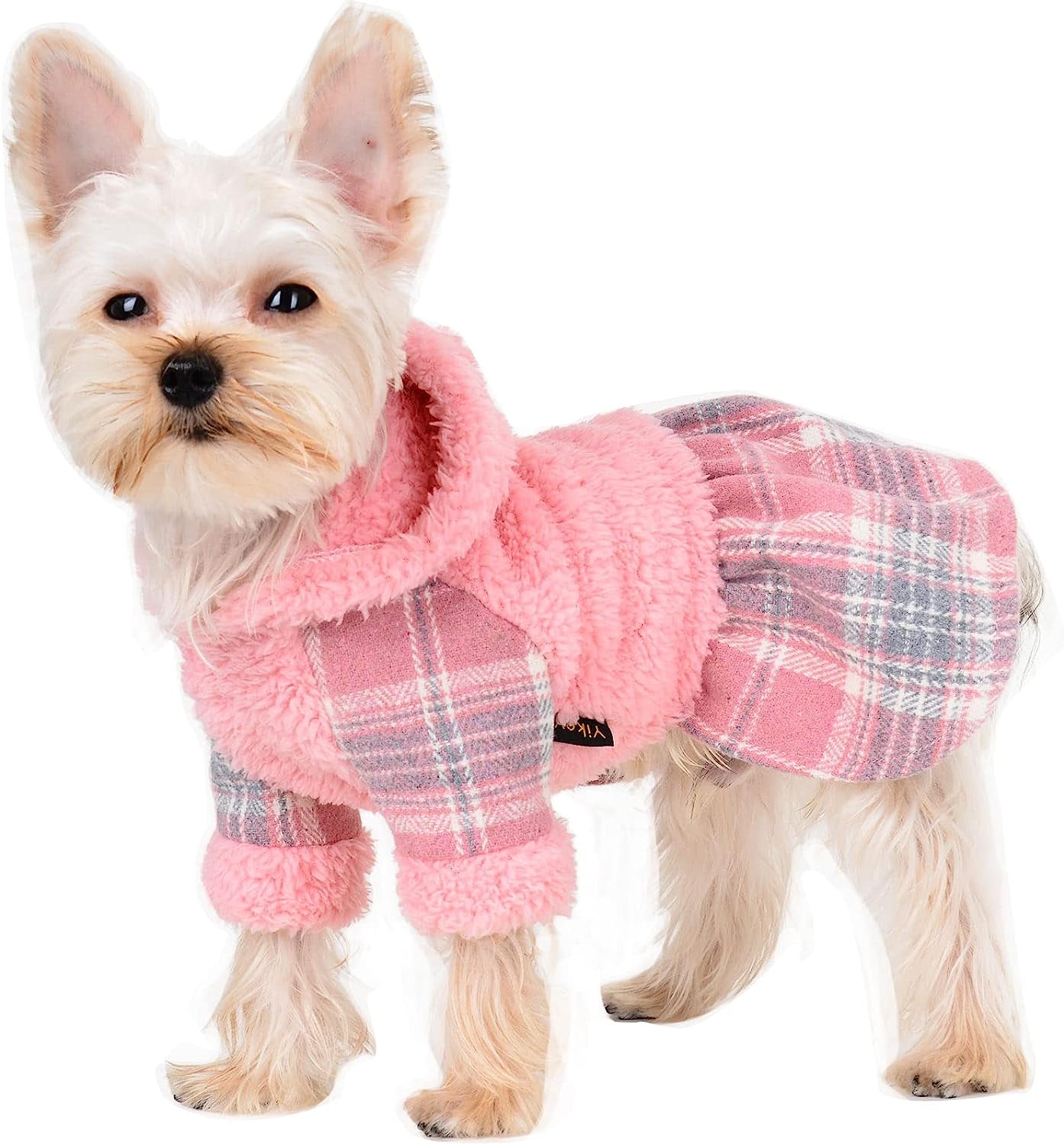 Winter Dog Dress, Fleece Dog Sweater for Small Dogs, Cute Warm Pink Plaid Puppy Dresses Clothes for Chihuahua Yorkie, Soft Pet Doggie Clothing Flanne Lining Cat Apparel (Pink, X-Small) Animals & Pet Supplies > Pet Supplies > Dog Supplies > Dog Apparel Sebaoyu Pink Small 