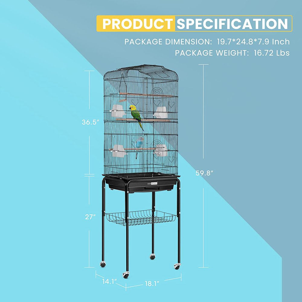 Khorne59.8 Inch Wrought Iron Bird Cage with Play Top and Rolling Stand for Parrots Conures Lovebird Cockatiel Parakeets Black Animals & Pet Supplies > Pet Supplies > Bird Supplies > Bird Cages & Stands Khorne   