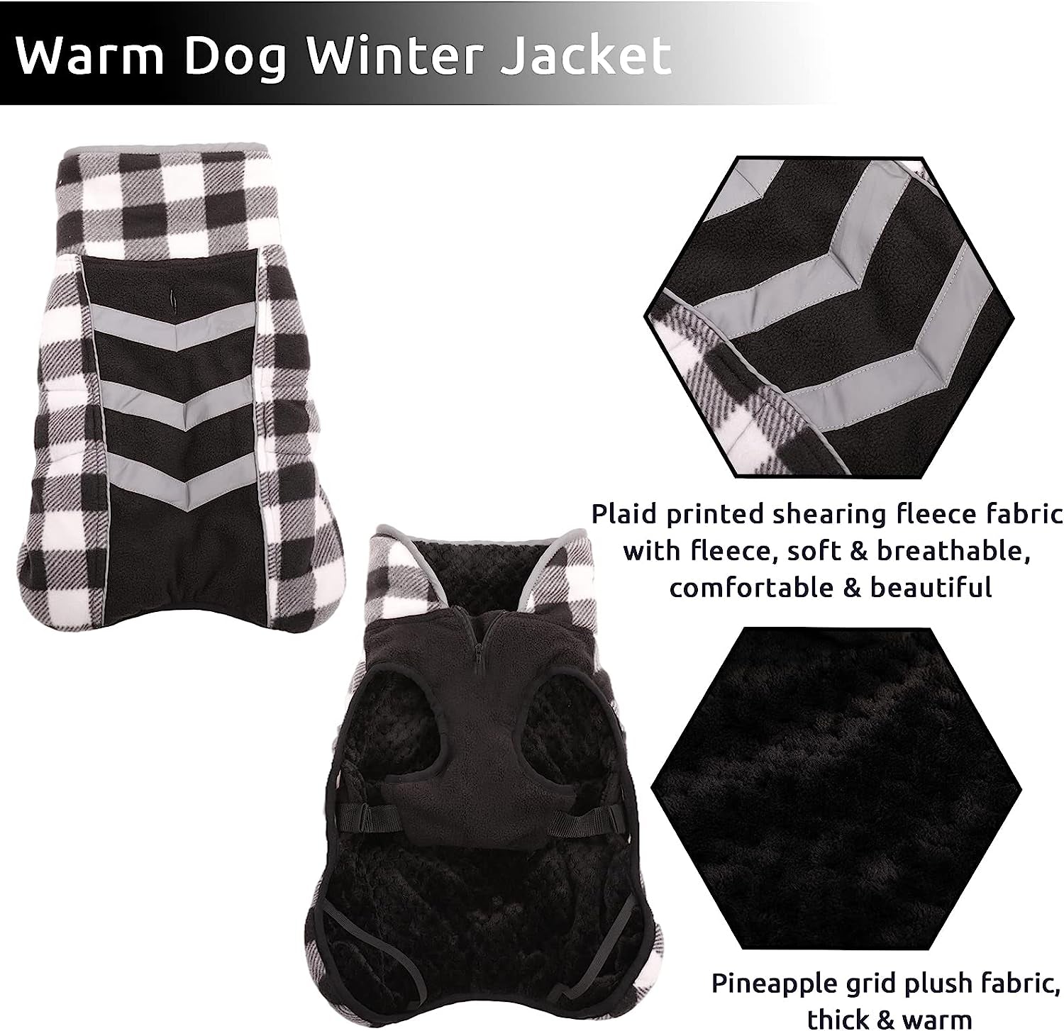 MAZORT Dog Winter Coat, Thick Warm Fleece Dog Jacket with Reflective Strips, Plaid Pet Cold Weather Apparel Clothes for Small Medium Large Dogs (White, Medium) Animals & Pet Supplies > Pet Supplies > Dog Supplies > Dog Apparel MAZORT   