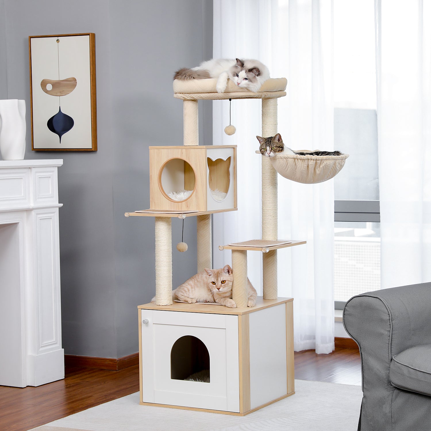 PAWZ Road 56" Wooden Cat Tree Tower with Large Storage Box for Indoor Cats,Brown Animals & Pet Supplies > Pet Supplies > Cat Supplies > Cat Furniture Wal02-AMT0167BN Beige  