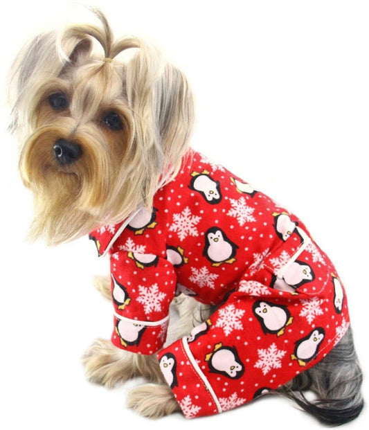 Klippo Penguins & Snowflake Flannel Dog Pajamas/Bodysuit/Loungewear - Red - Large Animals & Pet Supplies > Pet Supplies > Dog Supplies > Dog Apparel Klippo Pet Penguins - Red Large 