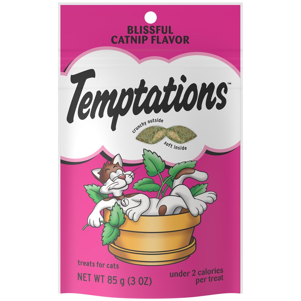 TEMPTATIONS Classic, Crunchy and Soft Cat Treats, Blissful Catnip Flavor, 3 Oz. Pouch