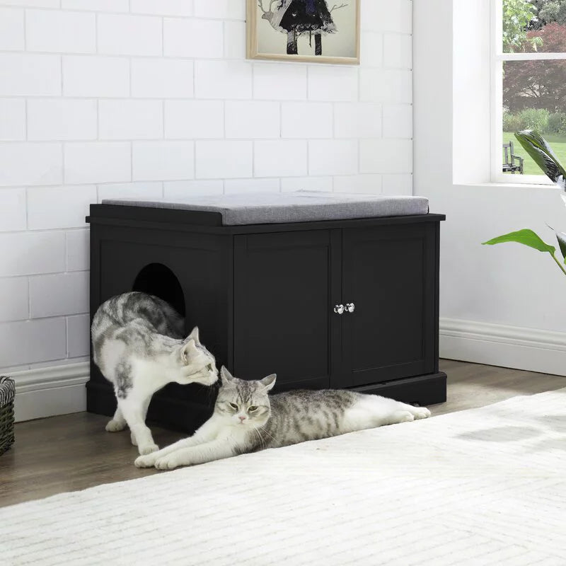 Large Wooden Cat Litter Box Enclosure, Washroom Storage Cabinet Bench with Pad, Side Table Furniture for Living Room White