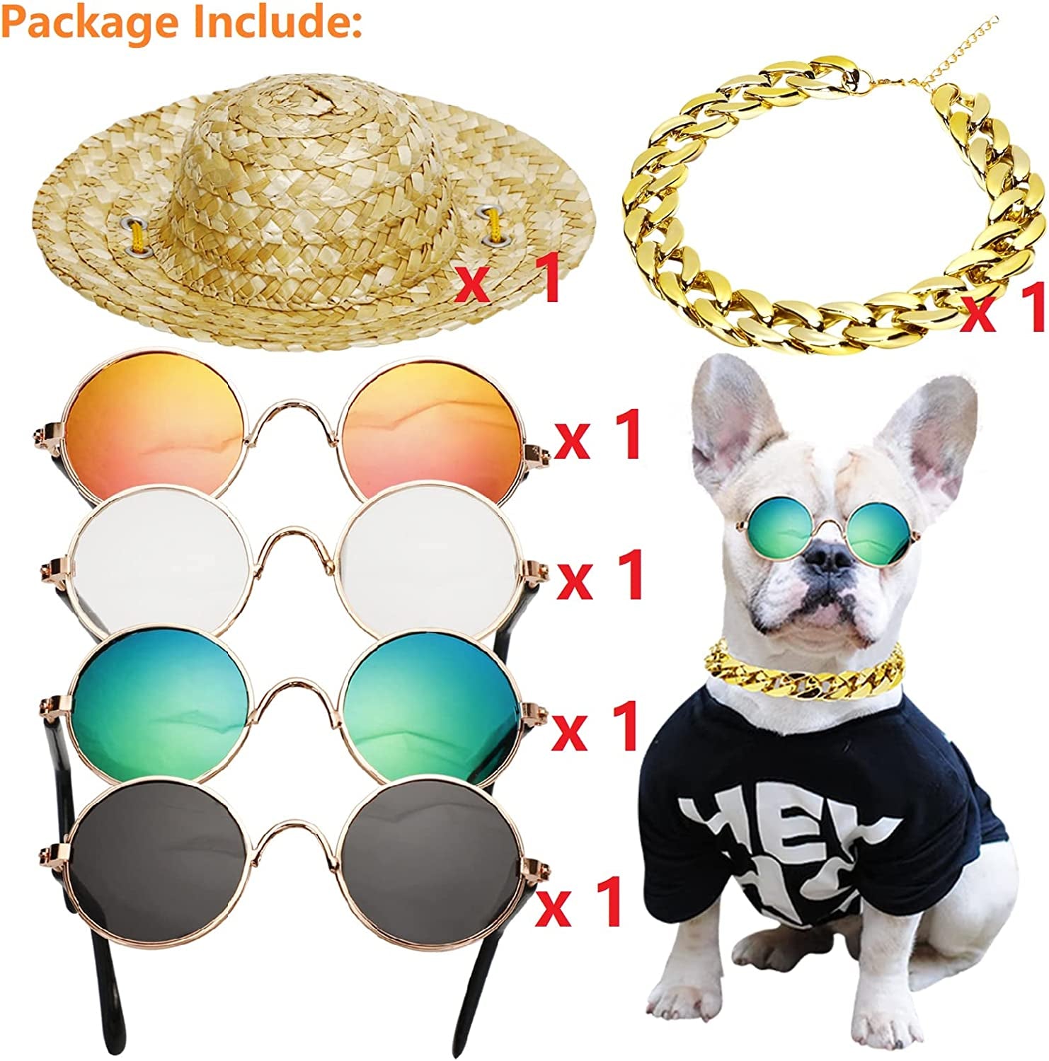 6PCS Pet Dog Cat Costume, Retro Pet Sunglasses, Adjustable Gold Chain Collar & Summer Straw Hat, Funny Pet Accessories for Cat Puppy Small Medium Dog Birthday Cosplay Party Animals & Pet Supplies > Pet Supplies > Dog Supplies > Dog Apparel Gaprumi   