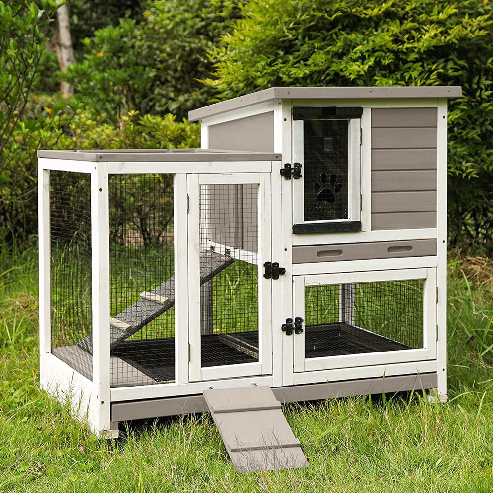Morgete Wooden Rabbit Hutch with Two Slide Tray Outdoor Bunny Cage Indoor Guinea Pig Habitat Pet House for Small Animals - Mocca Animals & Pet Supplies > Pet Supplies > Small Animal Supplies > Small Animal Habitats & Cages Morgete Inc   