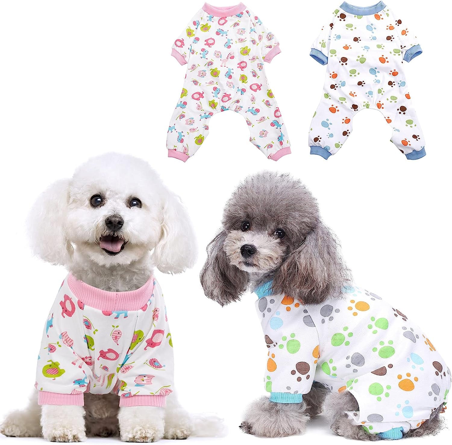 KOESON 2 Pack Cotton Dog Pajamas, Cozy Stretchy Cat Onesie Pet Jumpsuit Clothes with Cute Fruit/Animal Pattern, Soft Breathable Puppy Rompers Bodysuit Shirts for Small Medium Dogs Cats Animals & Pet Supplies > Pet Supplies > Dog Supplies > Dog Apparel KOESON Paw & Red Horse Large 