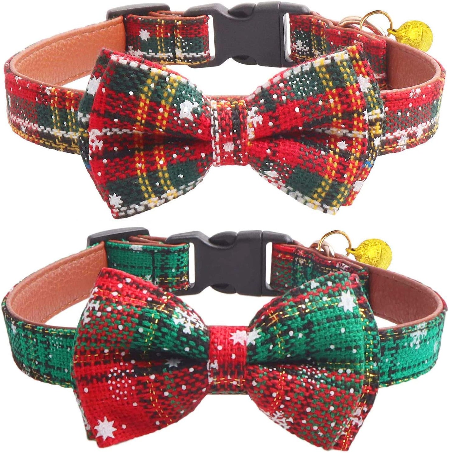 KUDES 2 Pack/Set Christmas Snowflake Dog Collars Breakaway with Bow Tie and Bells for Cat and Small/Medium/Large Pets, Red & Green M Animals & Pet Supplies > Pet Supplies > Dog Supplies > Dog Apparel Leegoo Red+Green 1 S(9.6''-13.8'') 