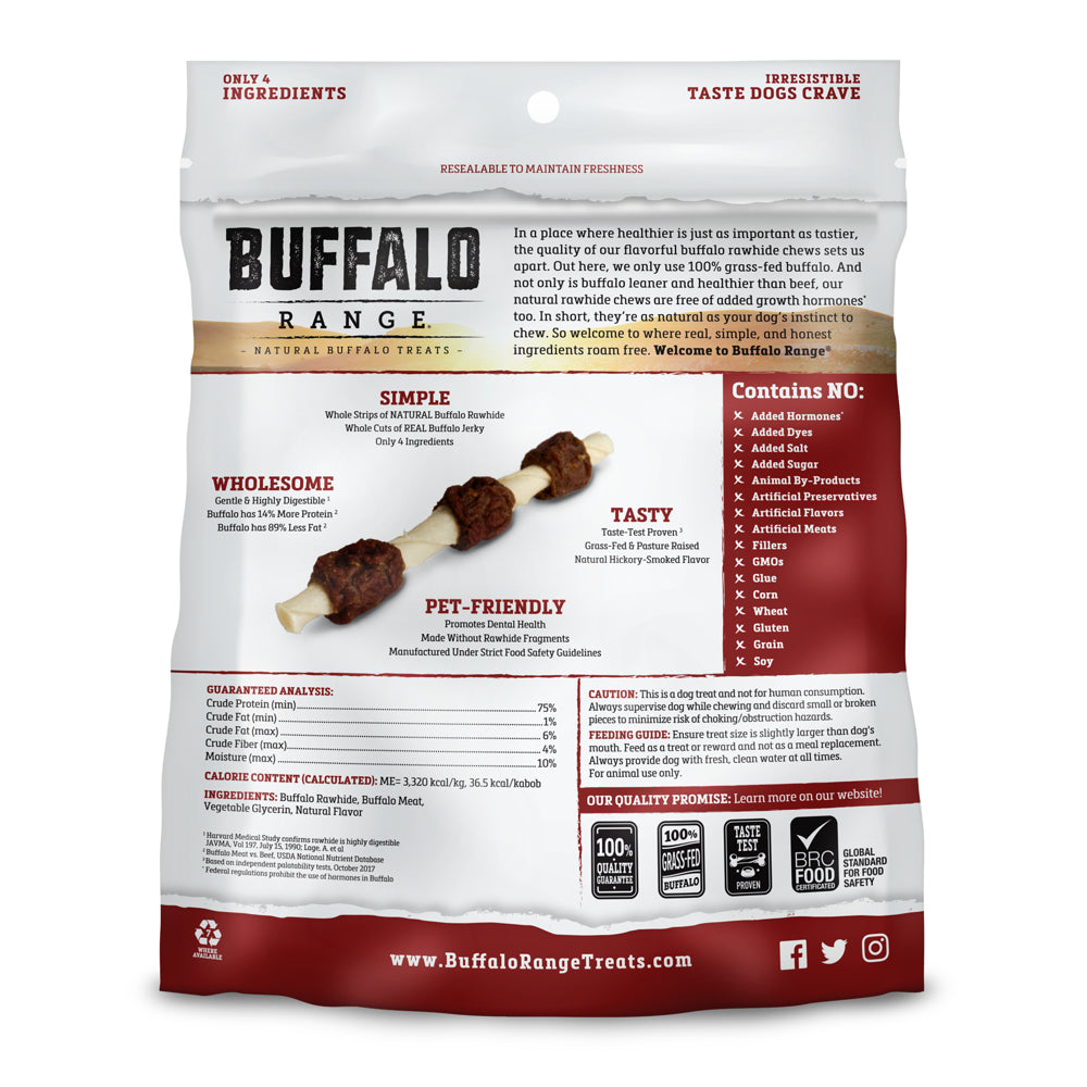 Buffalo Range Rawhide Dog Treats | Healthy, Grass-Fed Buffalo Jerky Raw Hide Chews | Hickory Smoked Flavor | Jerky Kabob, 18 Count
