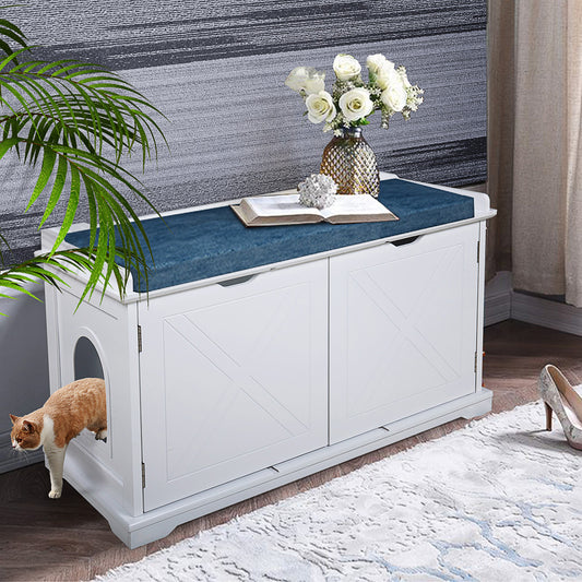 Cfowner Cat Washroom Storage Bench Wooden Litter Box Furniture Animals & Pet Supplies > Pet Supplies > Cat Supplies > Cat Furniture Cfowner White  