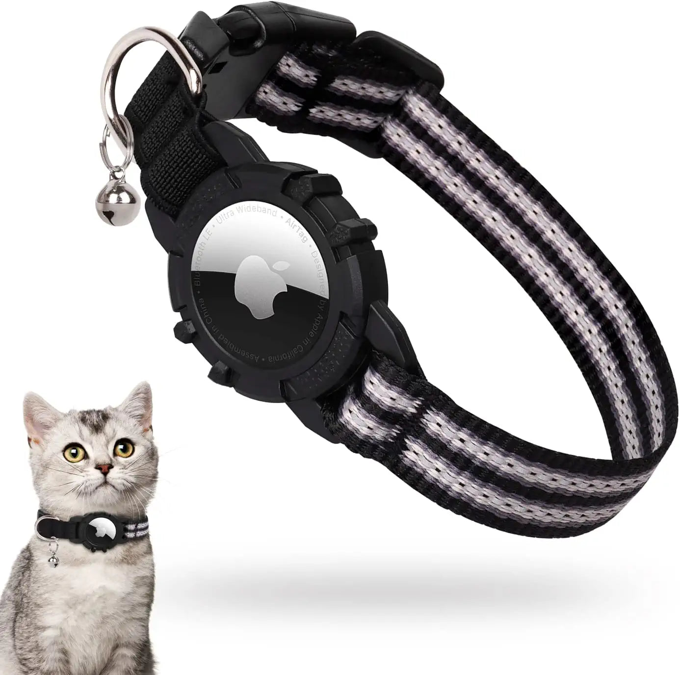 Airtag Cat Collar, FEEYAR Integrated Apple Air Tag Cat Collar, Reflective GPS Cat Collar with Airtag Holder and Bell [Black], Lightweight Tracker Cat Collars for Girl Boy Cats, Kittens and Puppies