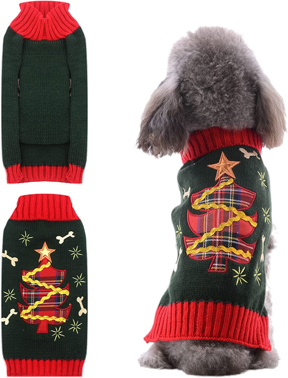 TENGZHI Dog Christmas Sweater Ugly Xmas Puppy Clothes Costume Warm Knitted Cat Outfit Jumper Cute Reindeer Pet Clothing for Small Medium Large Dogs Cats（S,Black） Animals & Pet Supplies > Pet Supplies > Dog Supplies > Dog Apparel Yi Wu Shi Teng Zhi Dian Zi Shang Wu You Xian Gong Si Olive Green Christmas Tree Medium 