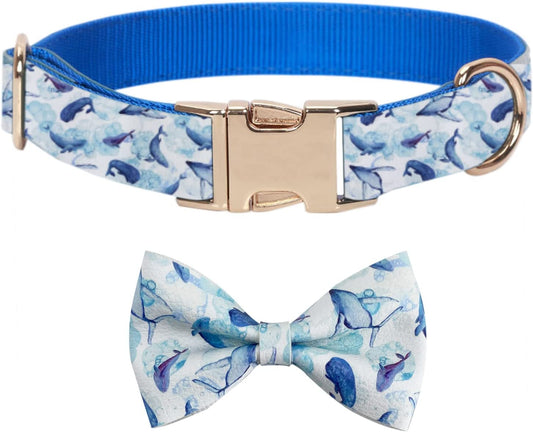 Wondrella Whale Printed Leather Dog Collar-Cute Blue Dog Collar with Bow, Adjustable Bowtie Dog Collar with Metal Buckle for Medium Dogs Animals & Pet Supplies > Pet Supplies > Dog Supplies > Dog Apparel Wondrella S  
